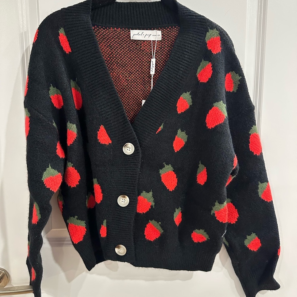 Petal & Pup Black Cardigan with Red Strawberry Pattern NWT Size S/M